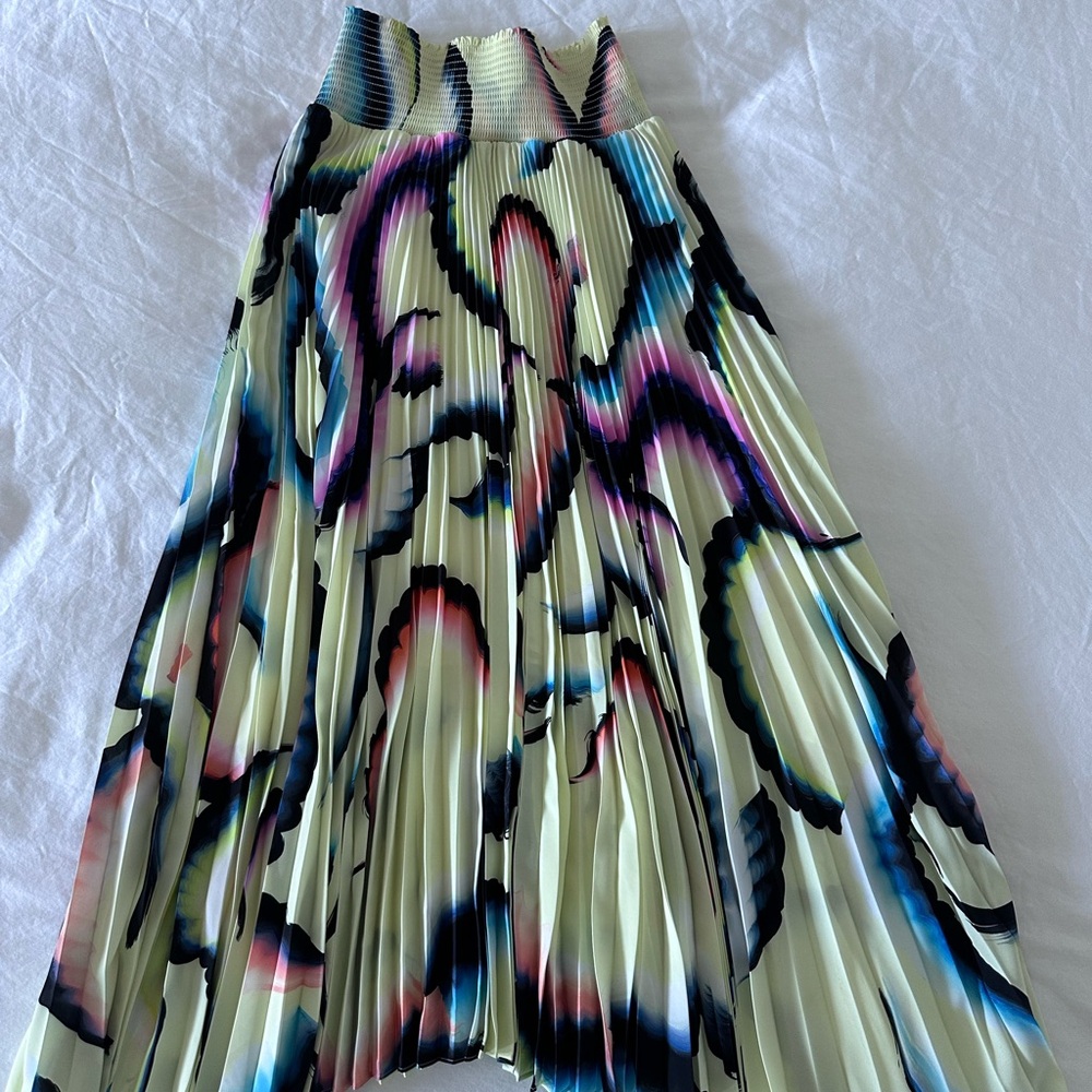 A.L.C. Pleated Abstract Midi Skirt in Cream, Black, Blue & Pink